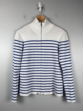 Pura cashmere 100% Supima cotton blue white stripe full zip jacket collar size M